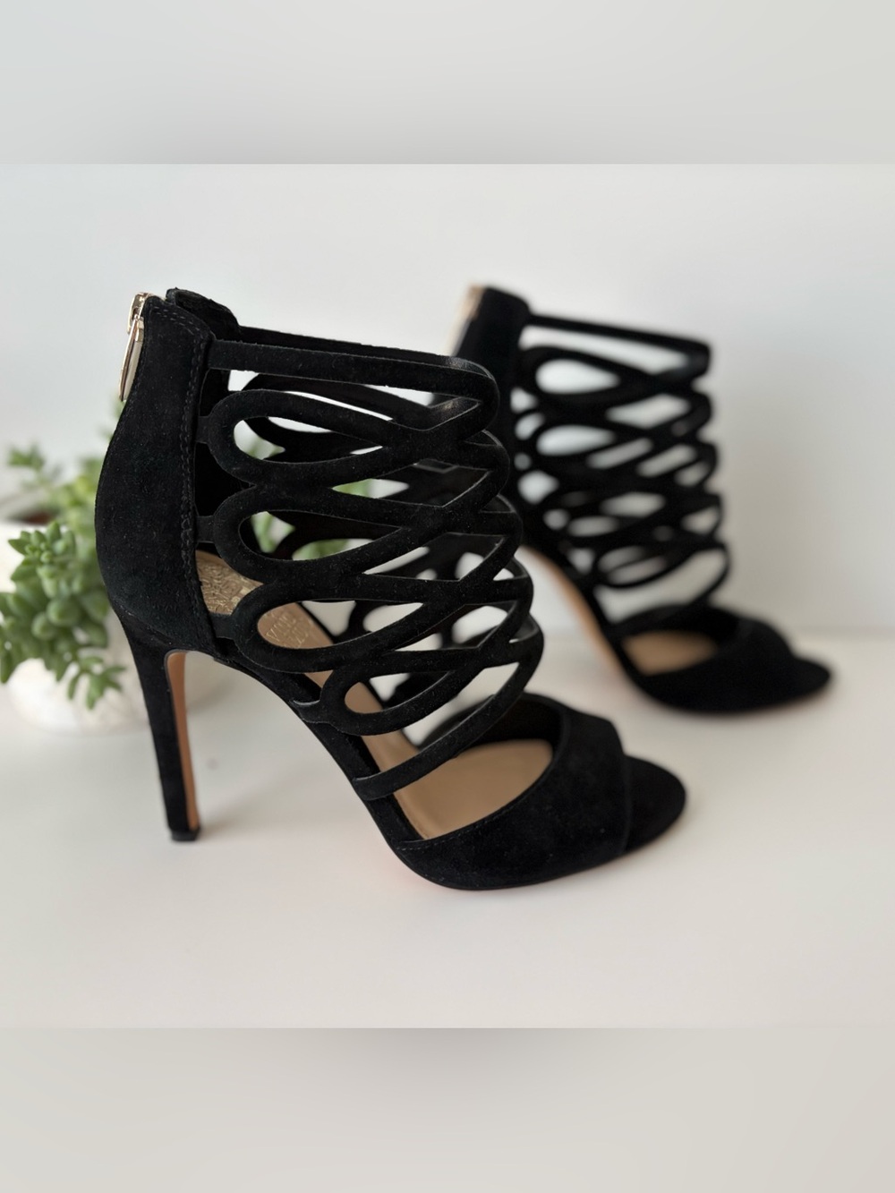 Vince Camuto Black Suede Caged Heeled Sandals – Size 5